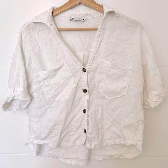 Zara Tops - Zara White Short Sleeve Button Down Collar Linen Blend Shirt - Size XS
